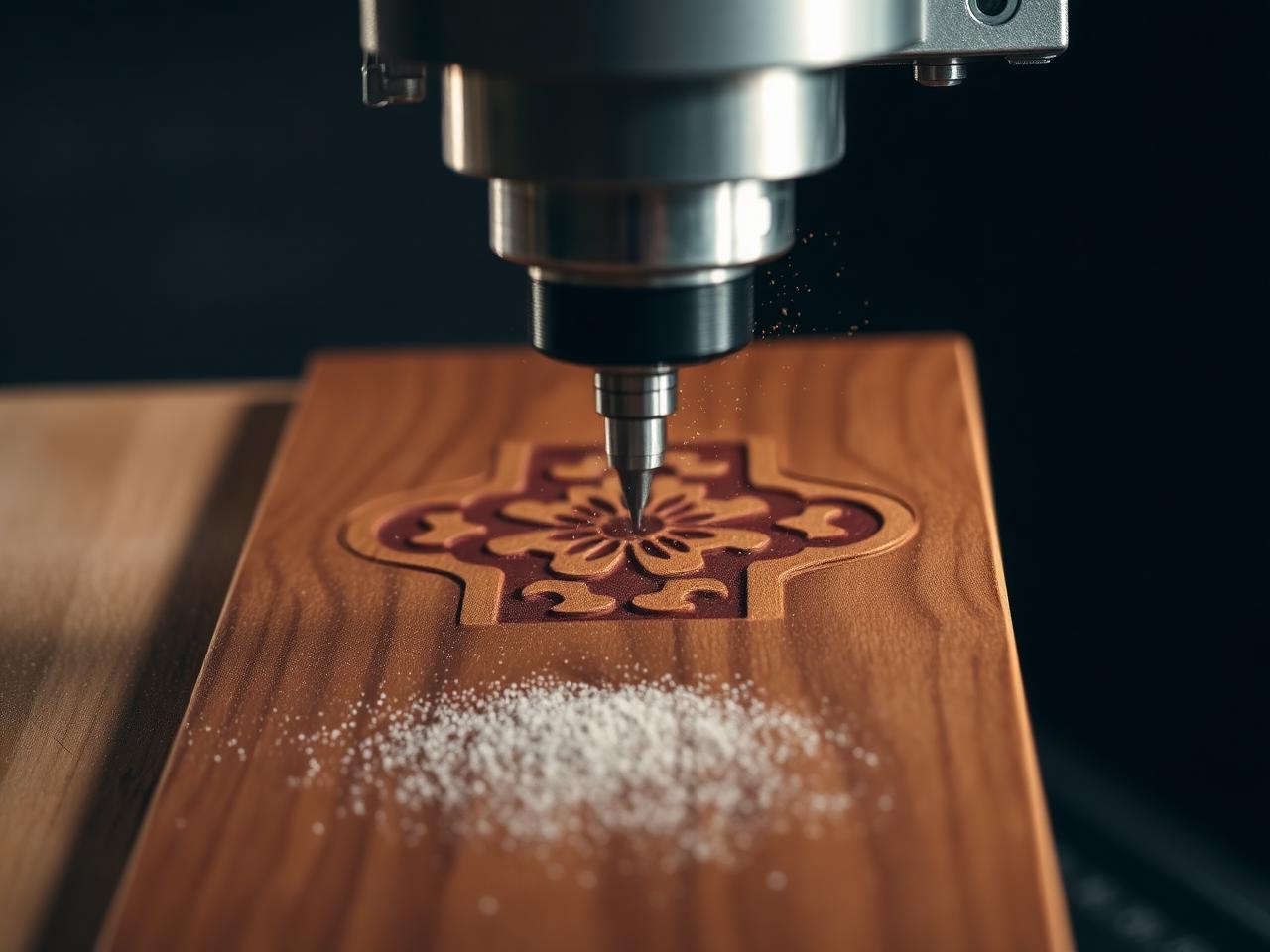 ספינדל CNC מכרסם תבנית מנדלה בלוח עץ אגוז עם עשן אבק דק